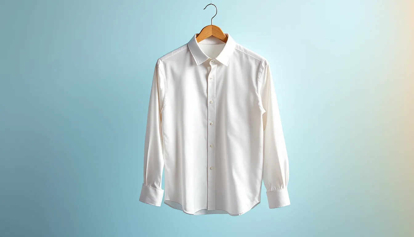 Chemise blanche impeccable, fraîchement repassée, flottant dans une lumière douce de studio.